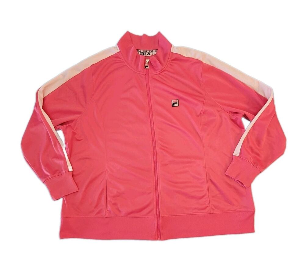 FILA Womens Track Jacket Plus 2X Pink White Zip Pockets Fleece Lined Athleisure